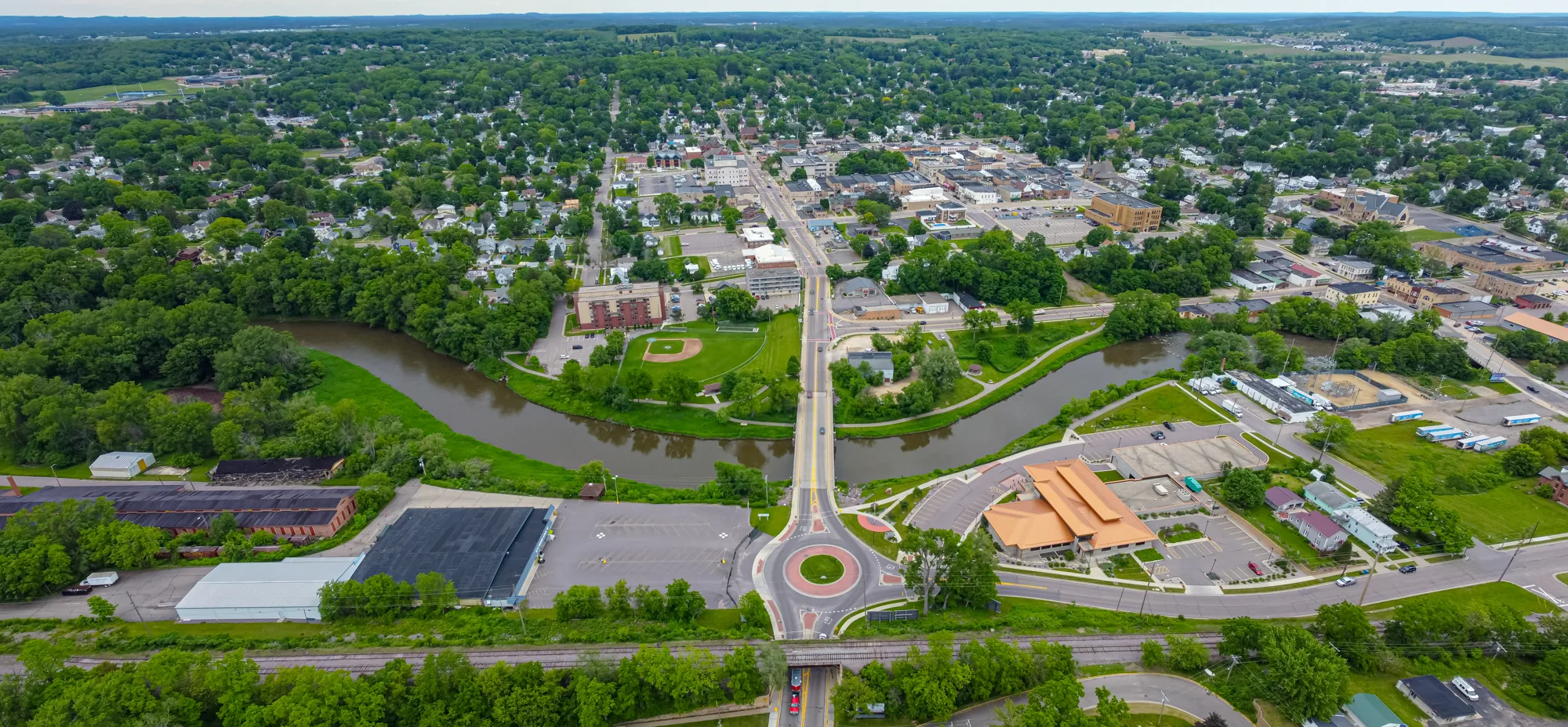 Aerial view of downtown Baraboo, Wisconsin and the Baraboo River