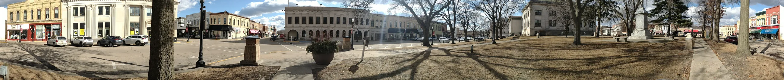 Panoramic view of Third Avenue and the courthouse square in downtown Baraboo, Wisconsin